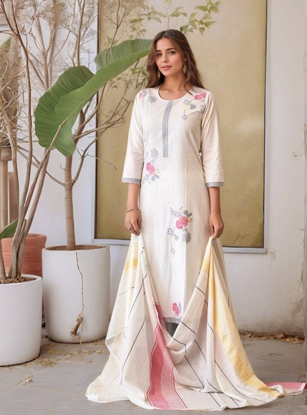 White soft cotton kurta and pant set with Jacquard work dupatta