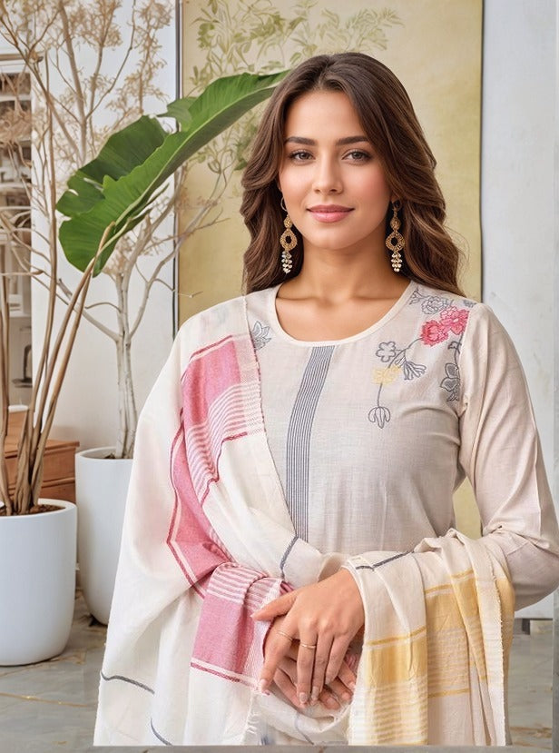 White soft cotton kurta and pant set with Jacquard work dupatta