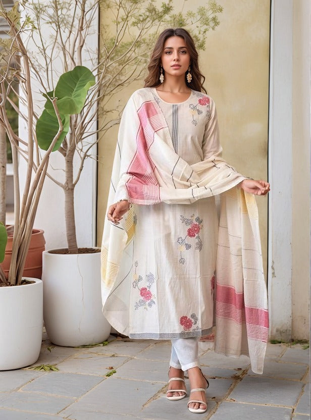 White soft cotton kurta and pant set with Jacquard work dupatta