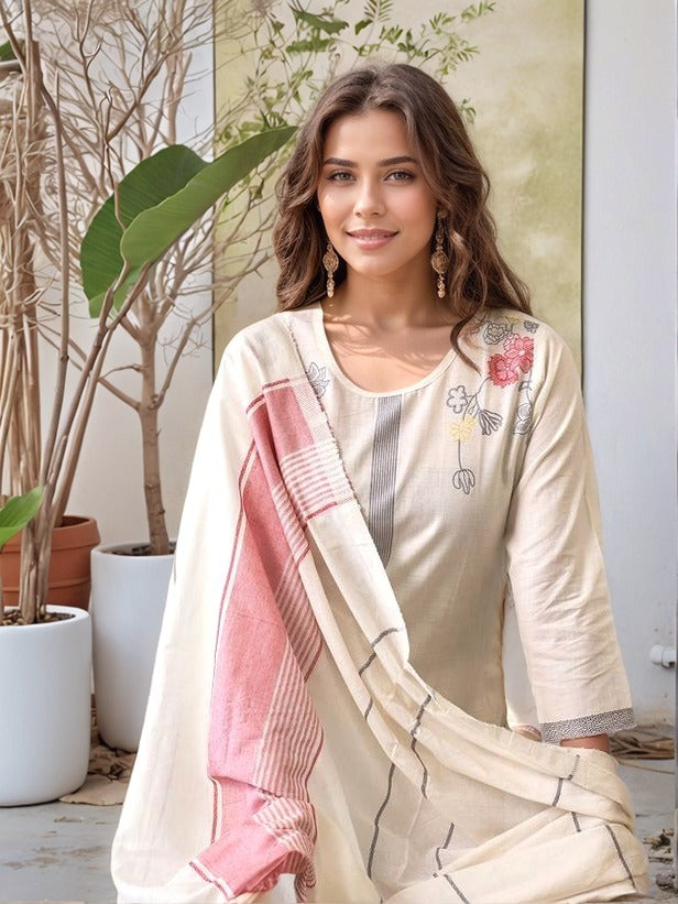 White soft cotton kurta and pant set with Jacquard work dupatta