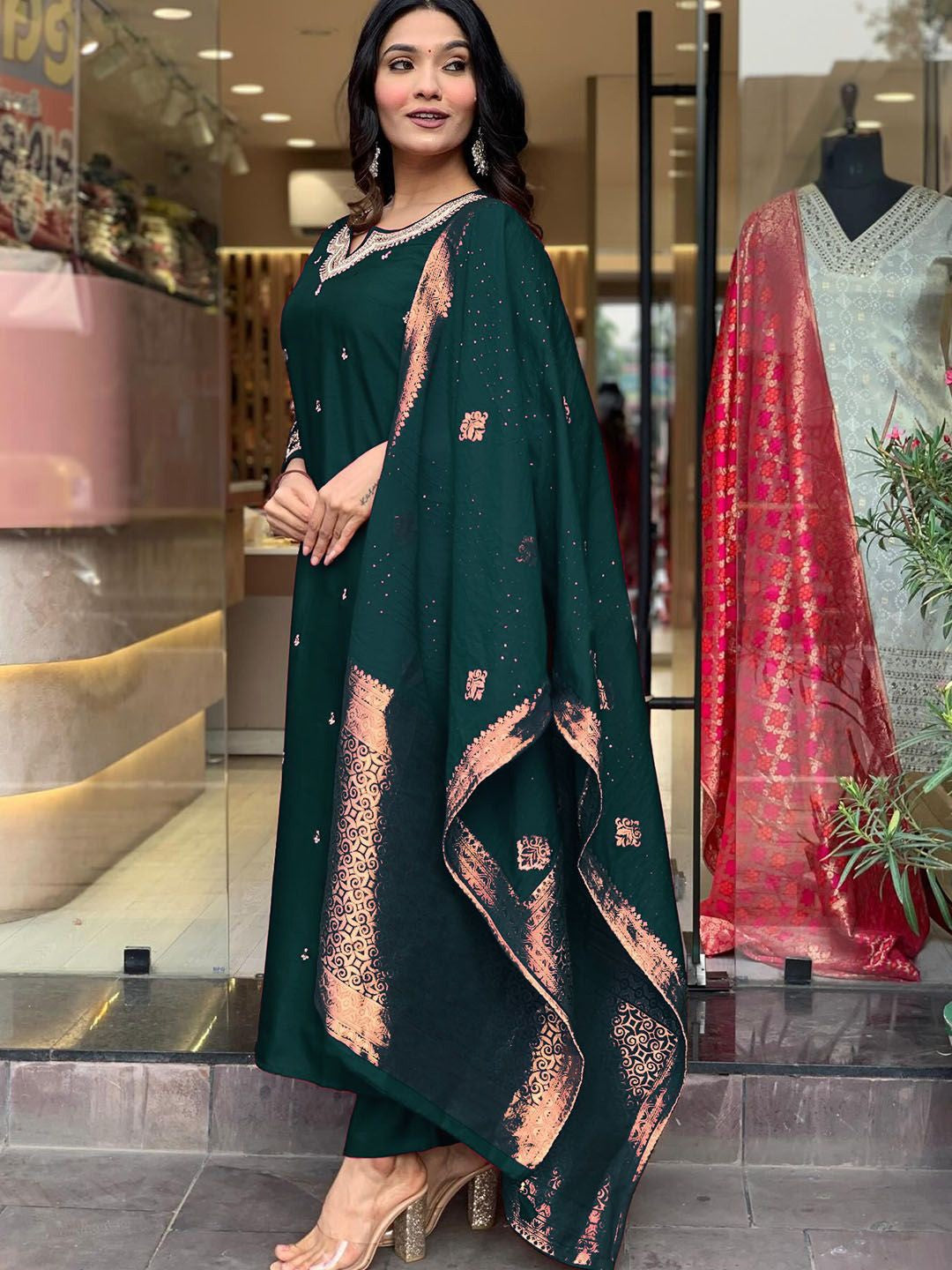 Dark green soft chanderi silk kurta and pant set with Jacquard silk zari work dupatta