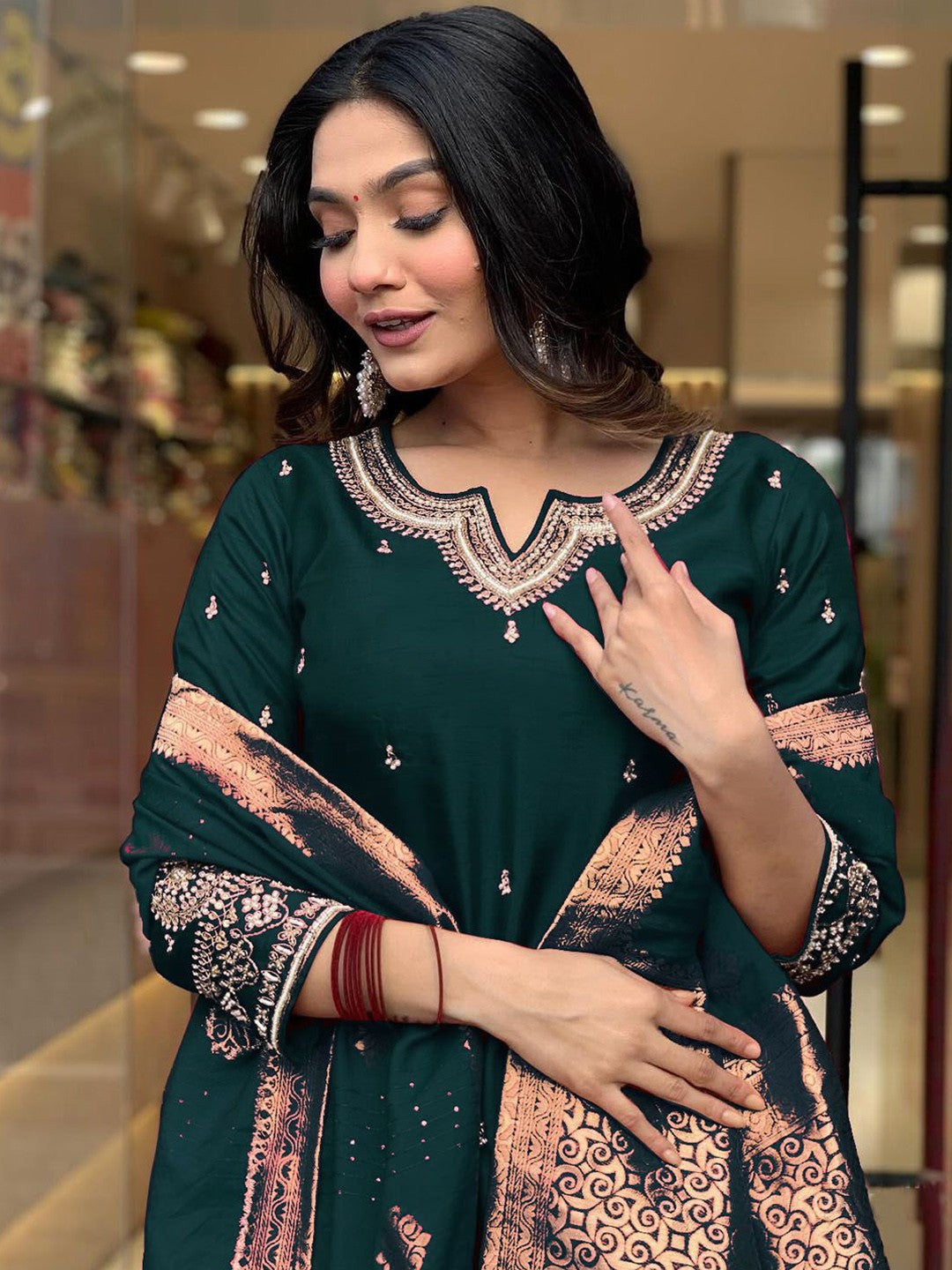 Dark green soft chanderi silk kurta and pant set with Jacquard silk zari work dupatta