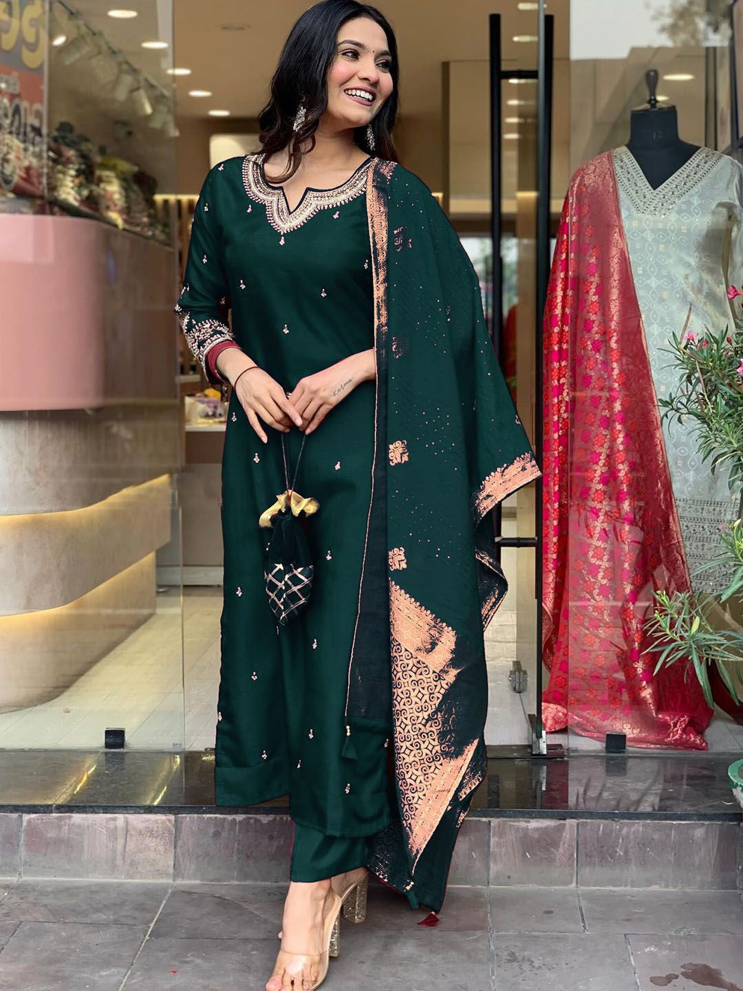Dark green soft chanderi silk kurta and pant set with Jacquard silk zari work dupatta