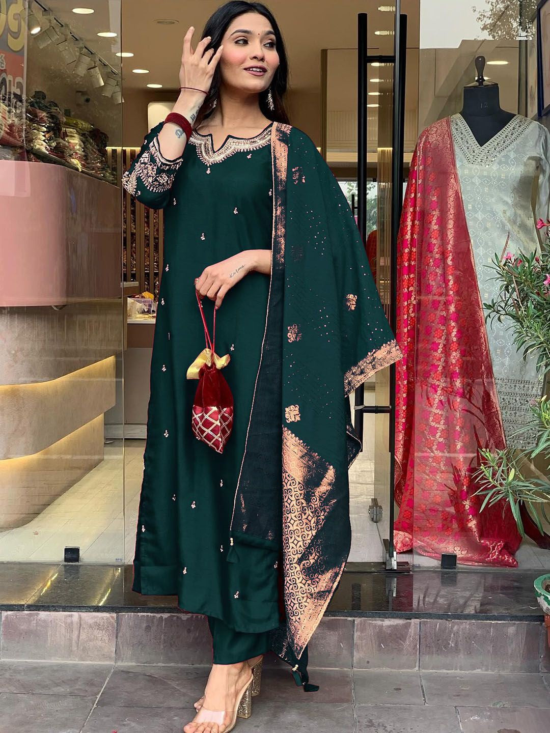 Dark green soft chanderi silk kurta and pant set with Jacquard silk zari work dupatta