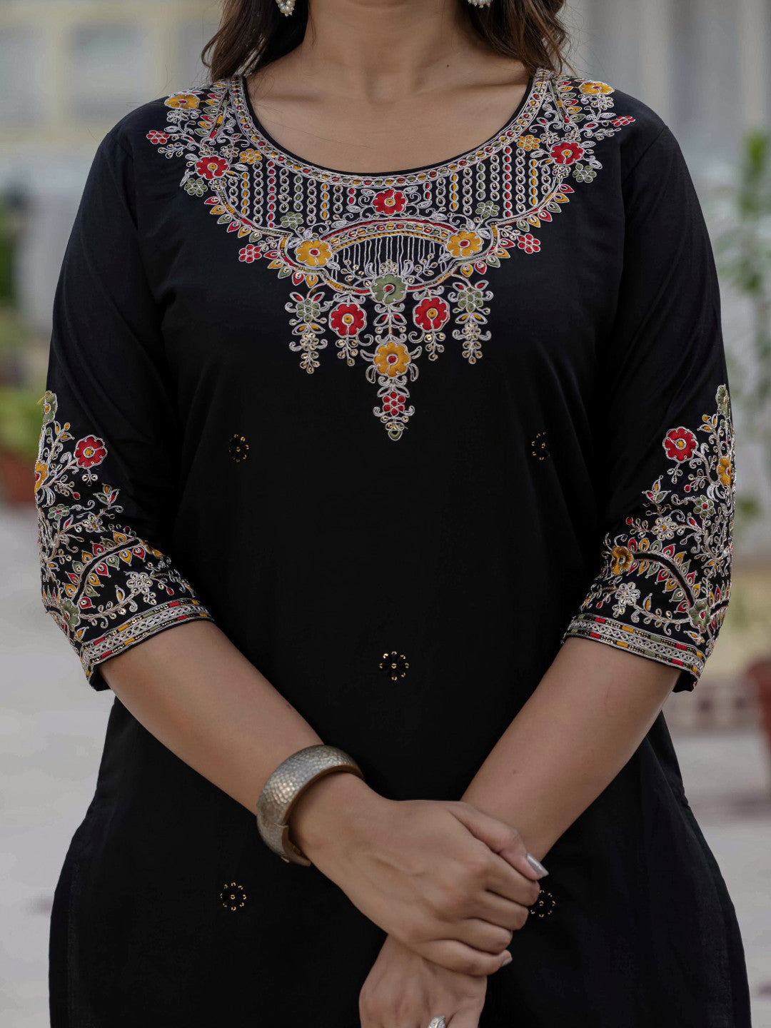 Black soft roman silk kurta and pant set with muslin silk meena work dupatta.
