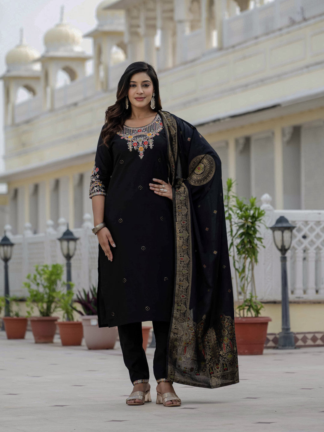 Black soft roman silk kurta and pant set with muslin silk meena work dupatta.