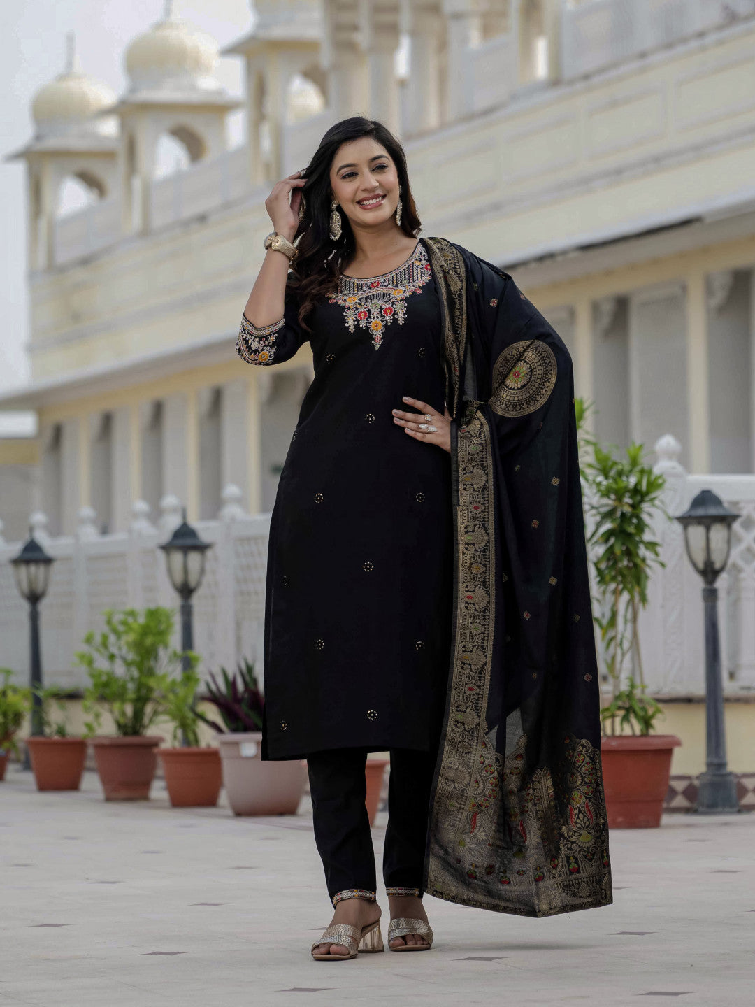 Black soft roman silk kurta and pant set with muslin silk meena work dupatta.