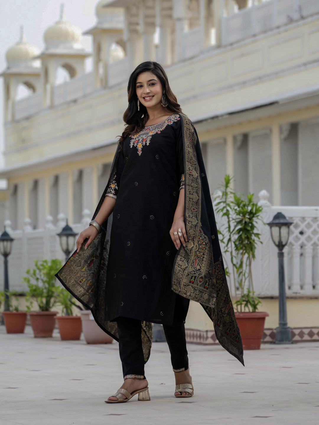 Black soft roman silk kurta and pant set with muslin silk meena work dupatta.