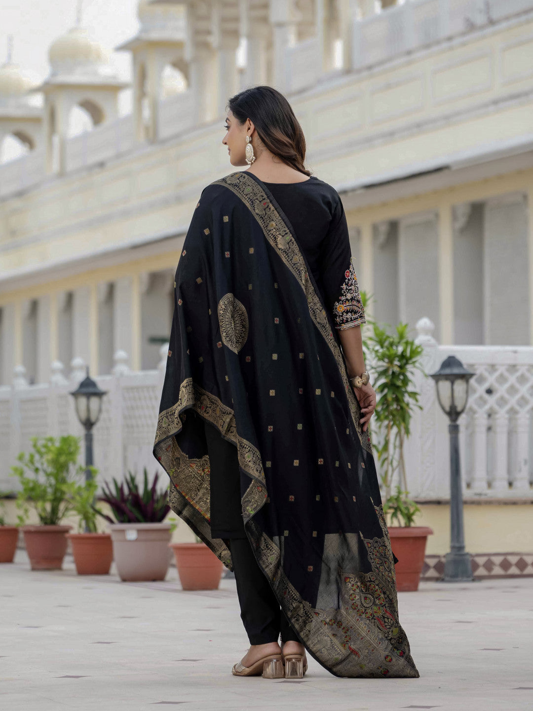Black soft roman silk kurta and pant set with muslin silk meena work dupatta.