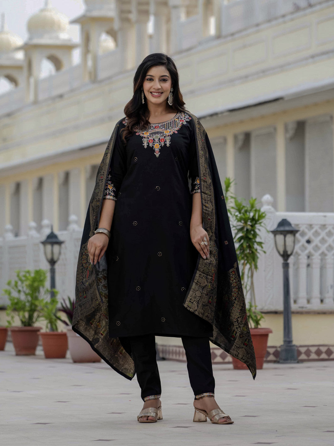 Black soft roman silk kurta and pant set with muslin silk meena work dupatta.