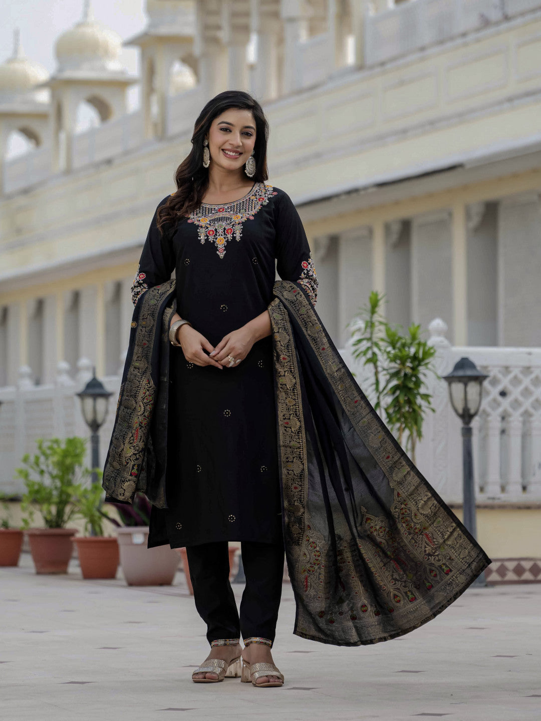 Black soft roman silk kurta and pant set with muslin silk meena work dupatta.