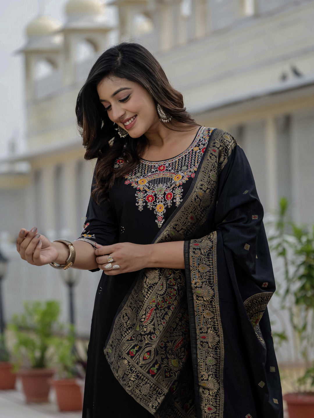 Black soft roman silk kurta and pant set with muslin silk meena work dupatta.