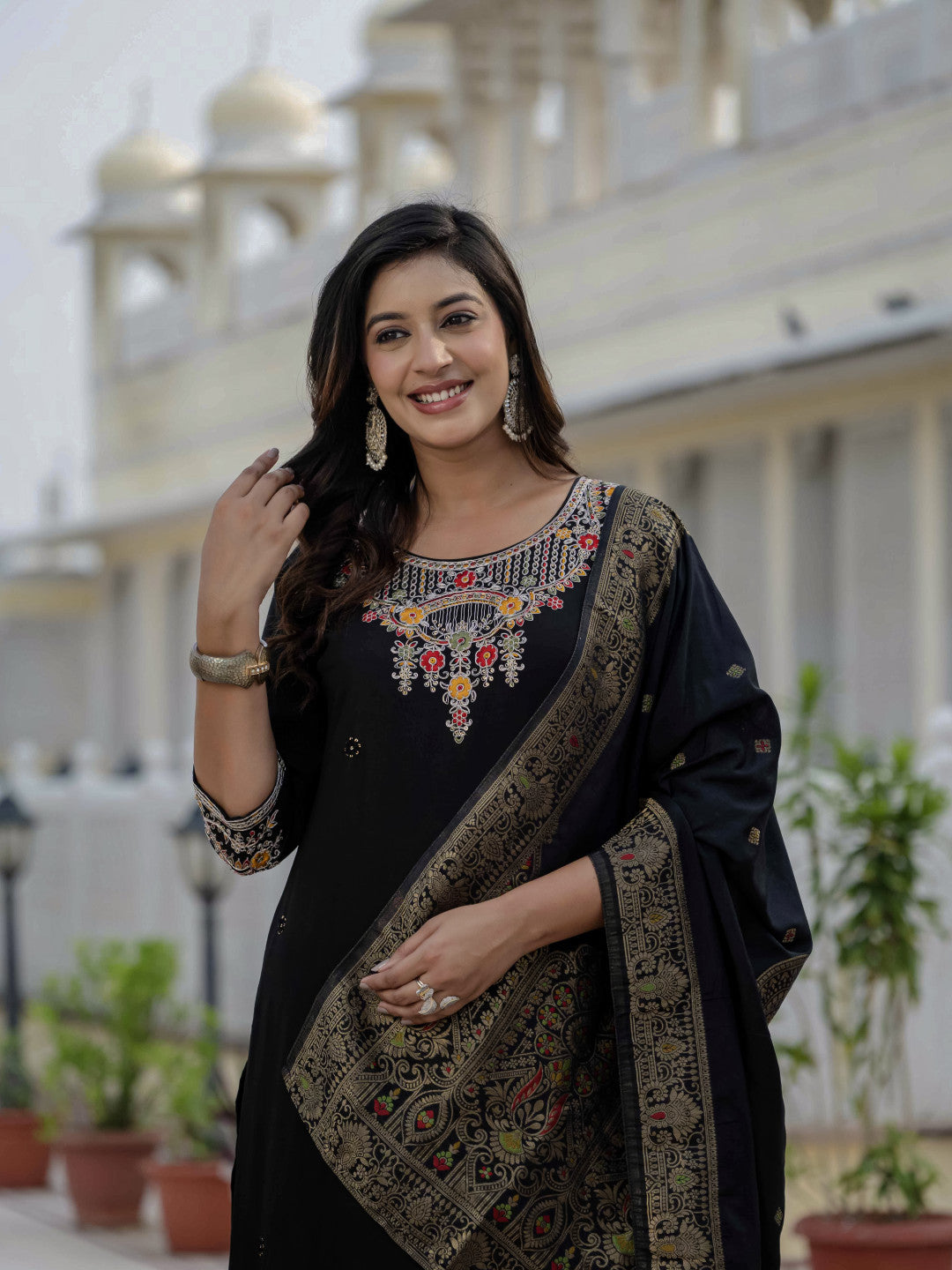 Black soft roman silk kurta and pant set with muslin silk meena work dupatta.