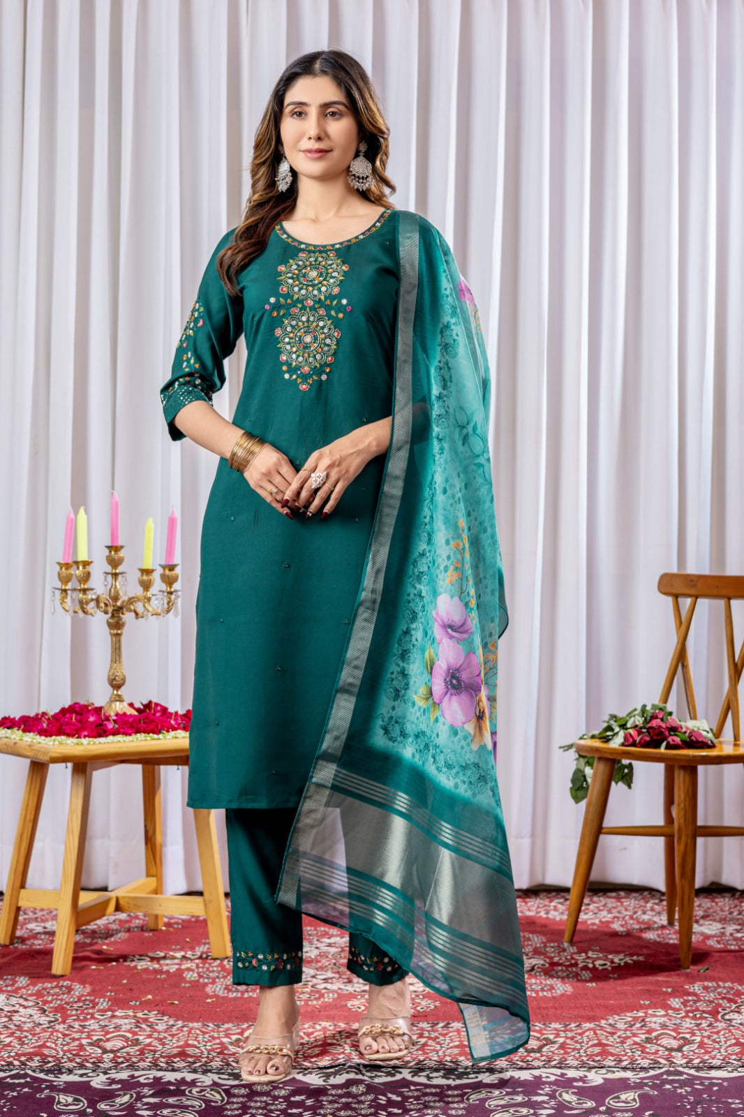 Green soft viscose silk kurta and pant set with chanderi silk printed work dupatta.