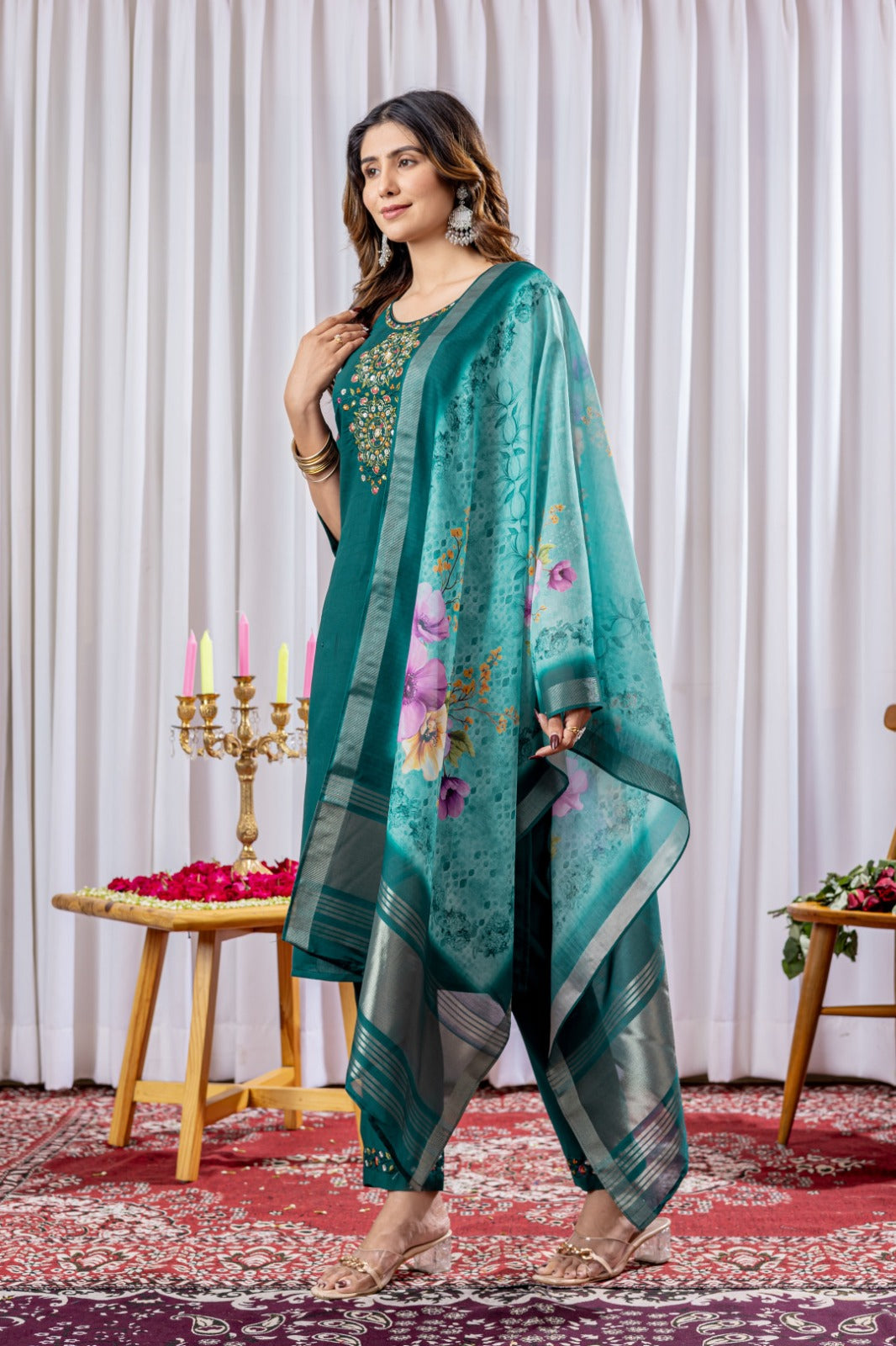 Green soft viscose silk kurta and pant set with chanderi silk printed work dupatta.