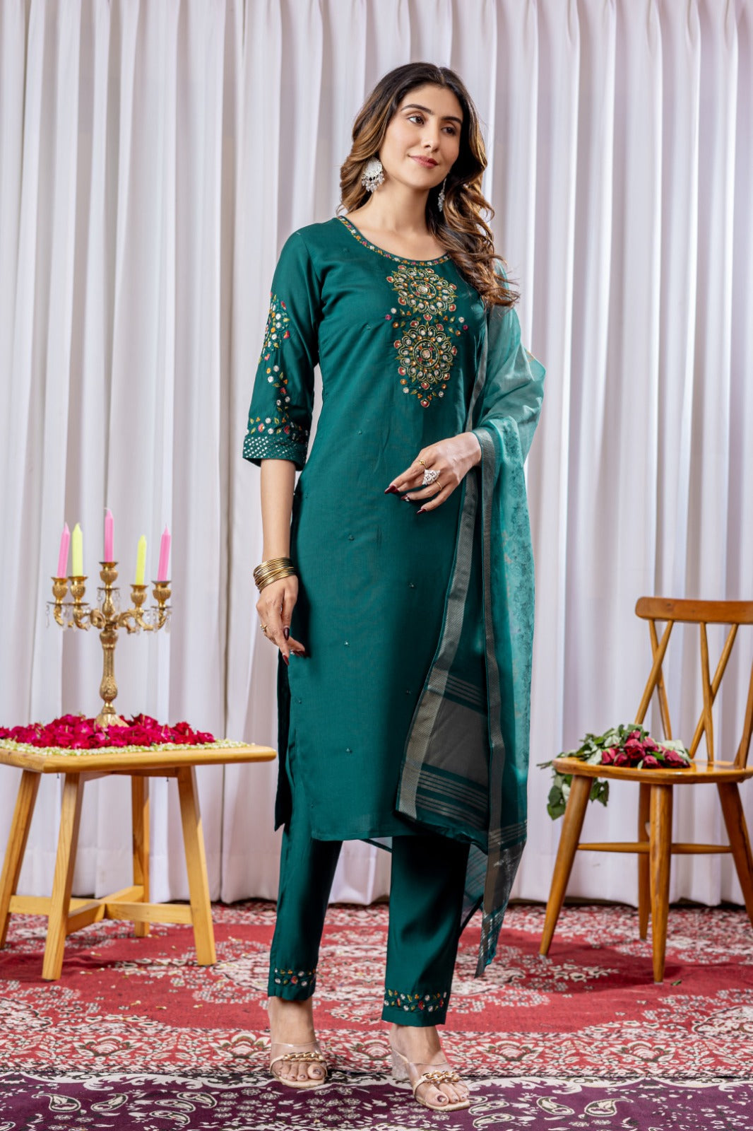 Green soft viscose silk kurta and pant set with chanderi silk printed work dupatta.
