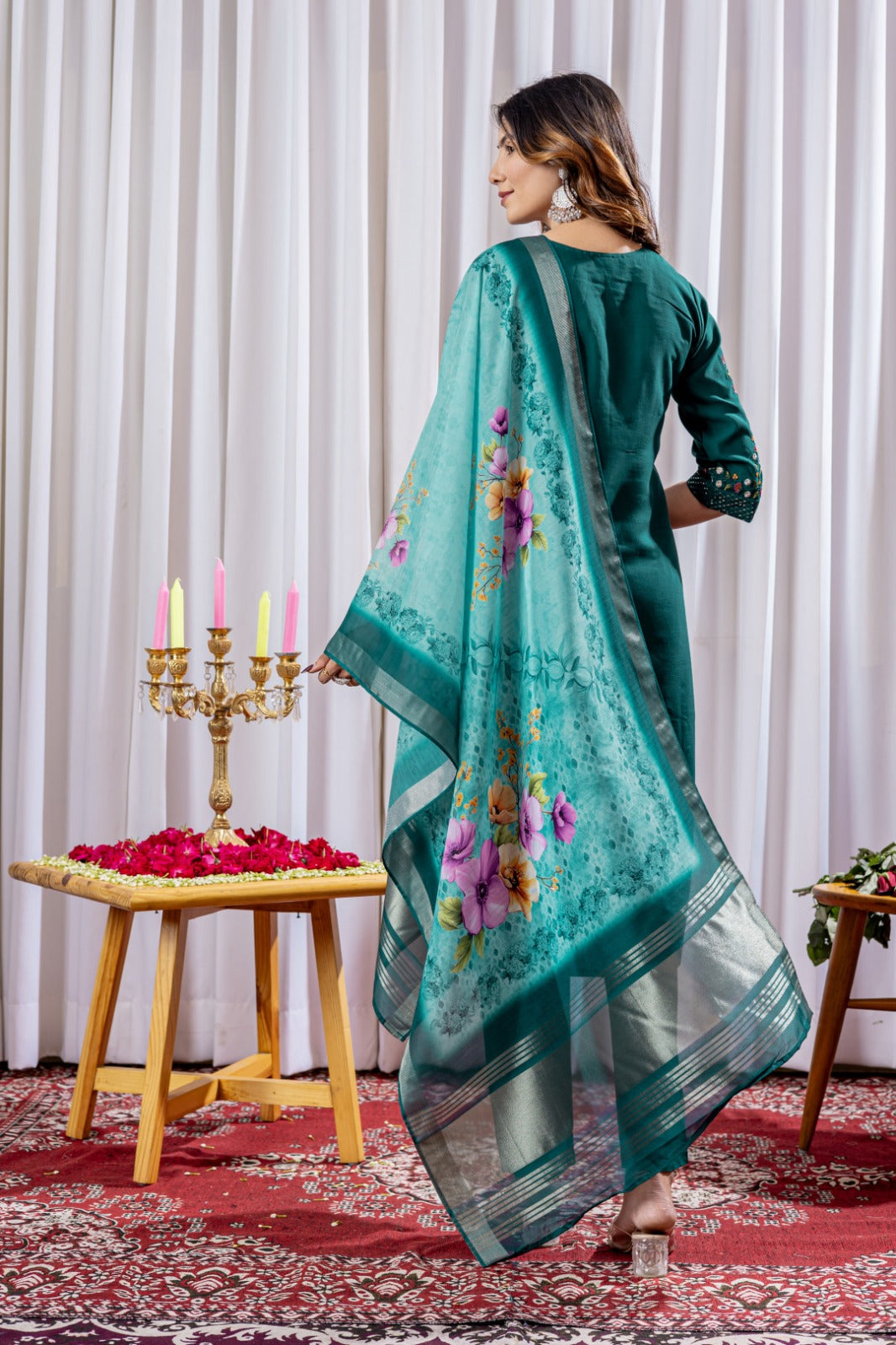 Green soft viscose silk kurta and pant set with chanderi silk printed work dupatta.