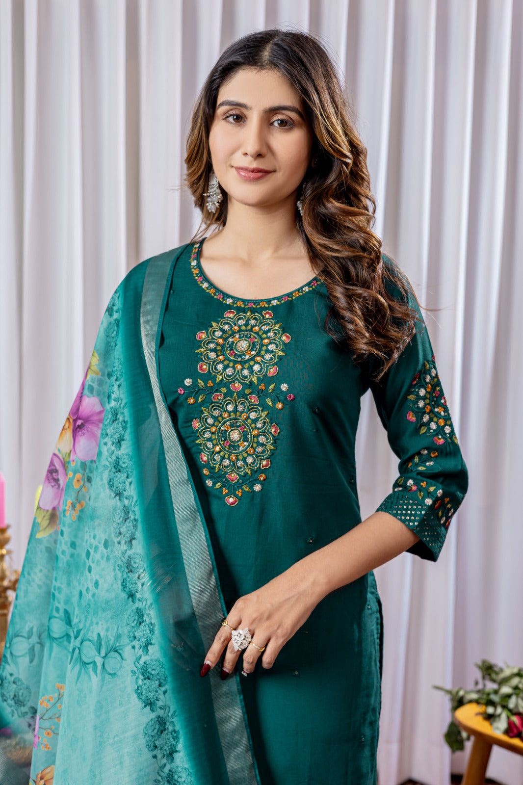 Green soft viscose silk kurta and pant set with chanderi silk printed work dupatta.