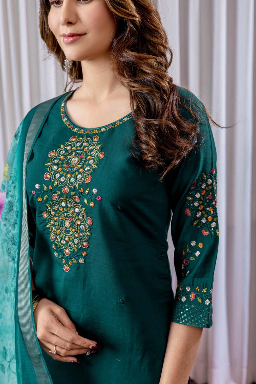 Green soft viscose silk kurta and pant set with chanderi silk printed work dupatta.