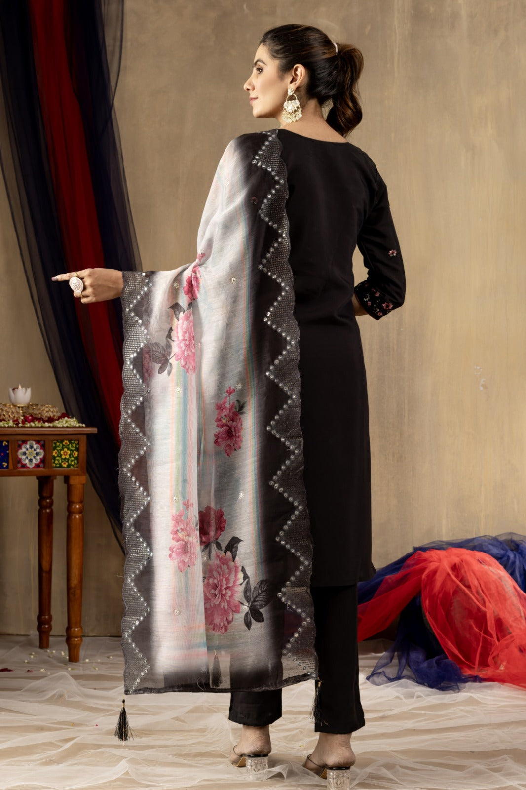 Black soft roman silk kurta and pant set with chanderi printed dupatta.