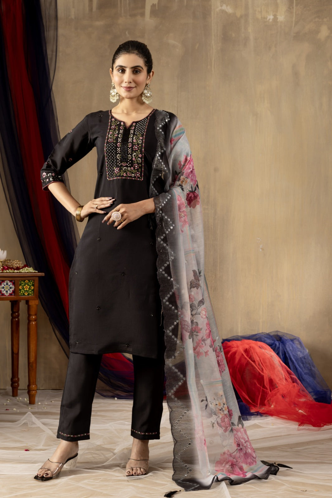 Black soft roman silk kurta and pant set with chanderi printed dupatta.