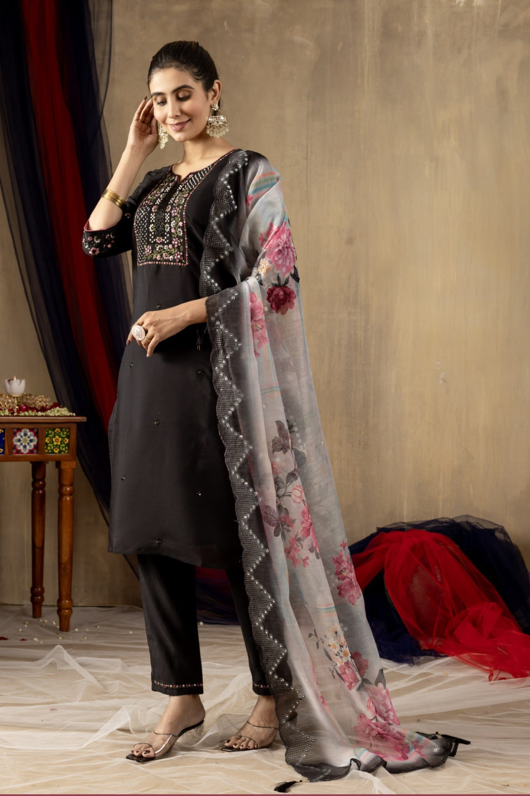 Black soft roman silk kurta and pant set with chanderi printed dupatta.