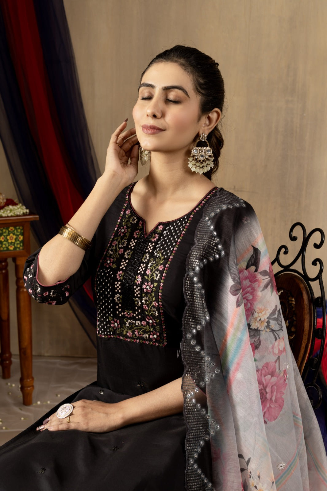 Black soft roman silk kurta and pant set with chanderi printed dupatta.