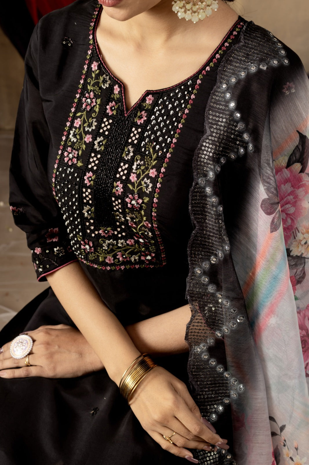 Black soft roman silk kurta and pant set with chanderi printed dupatta.