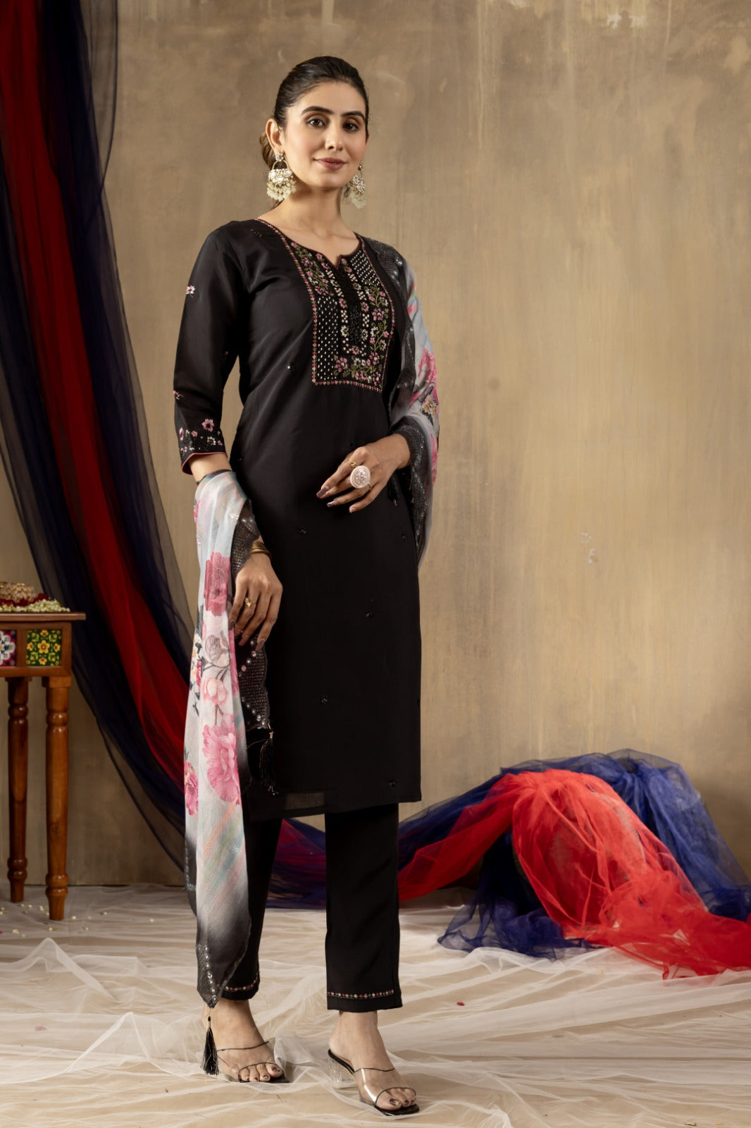 Black soft roman silk kurta and pant set with chanderi printed dupatta.