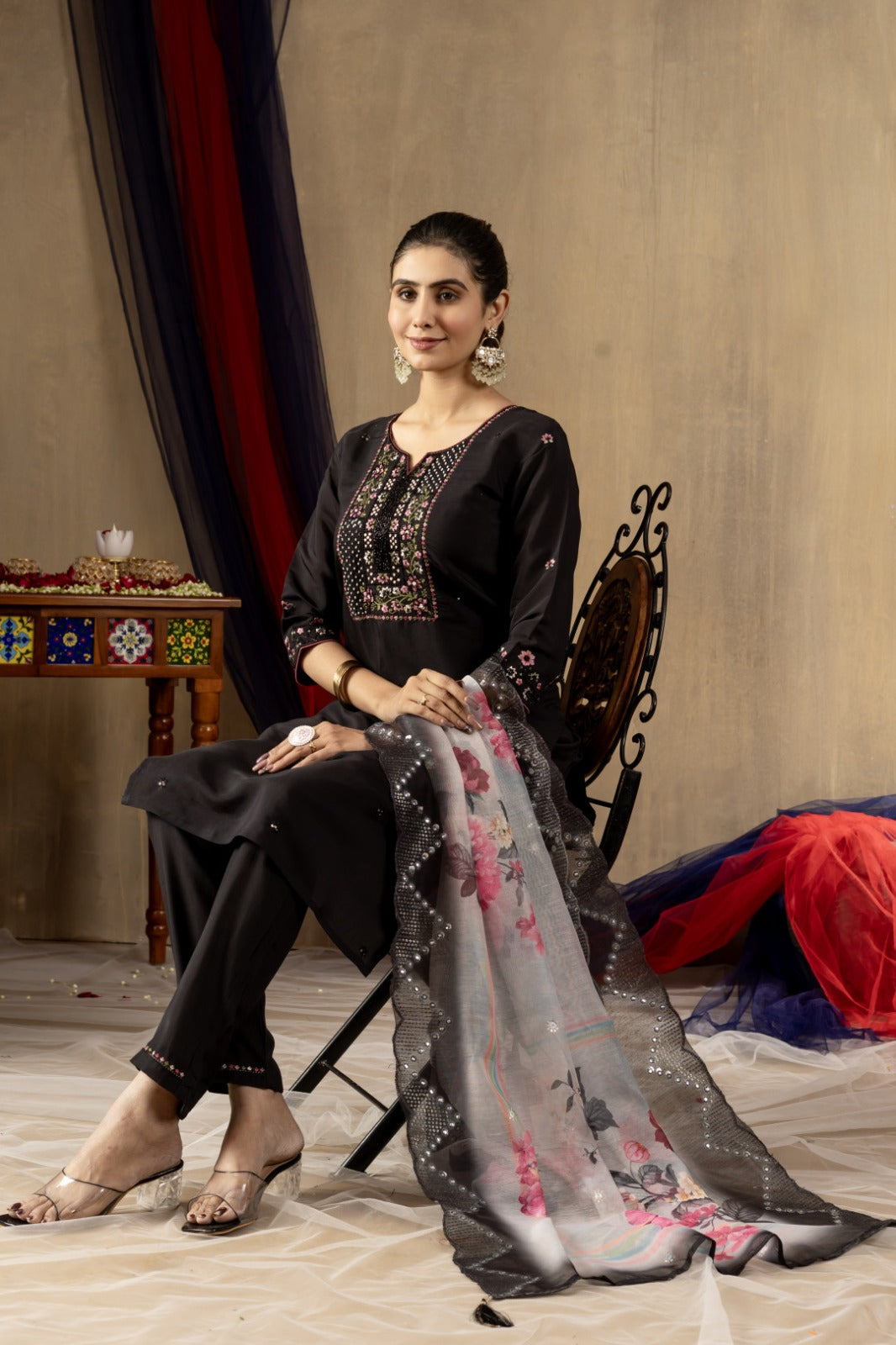Black soft roman silk kurta and pant set with chanderi printed dupatta.