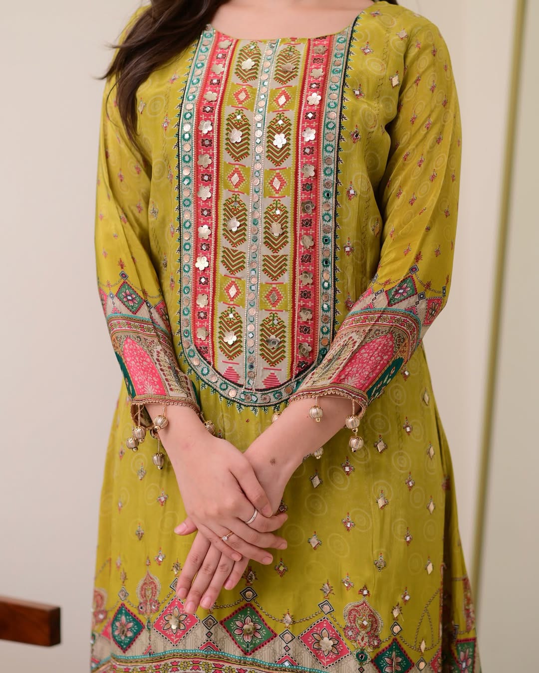 Mehndi green chinon silk kurta palazzo and dupatta set with printed and kodi work.