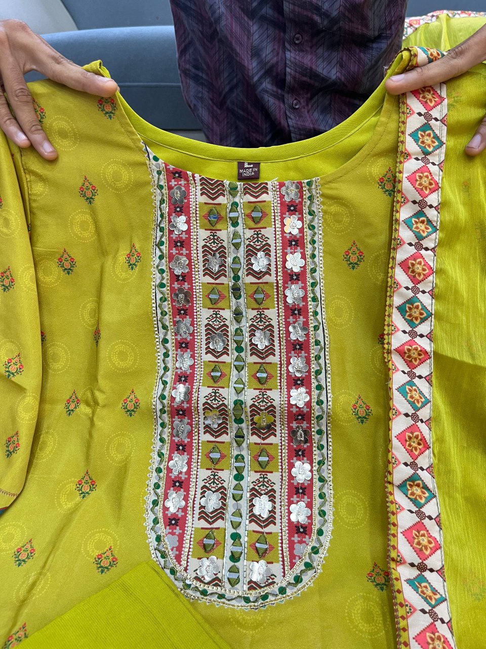 Mehndi green chinon silk kurta palazzo and dupatta set with printed and kodi work.