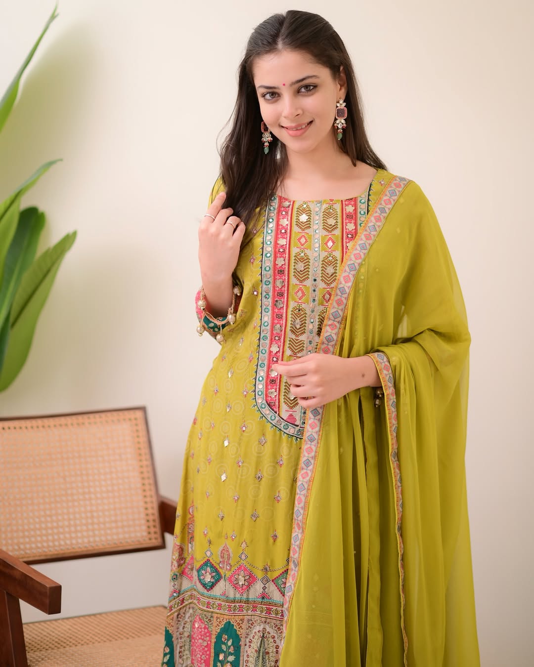 Mehndi green chinon silk kurta palazzo and dupatta set with printed and kodi work.