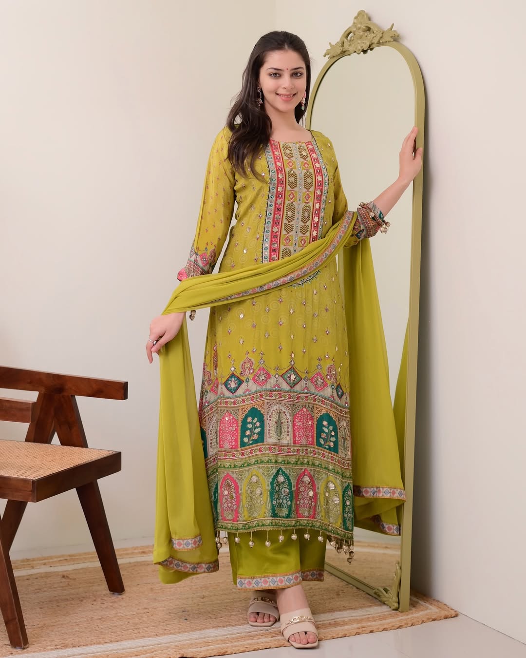 Mehndi green chinon silk kurta palazzo and dupatta set with printed and kodi work.