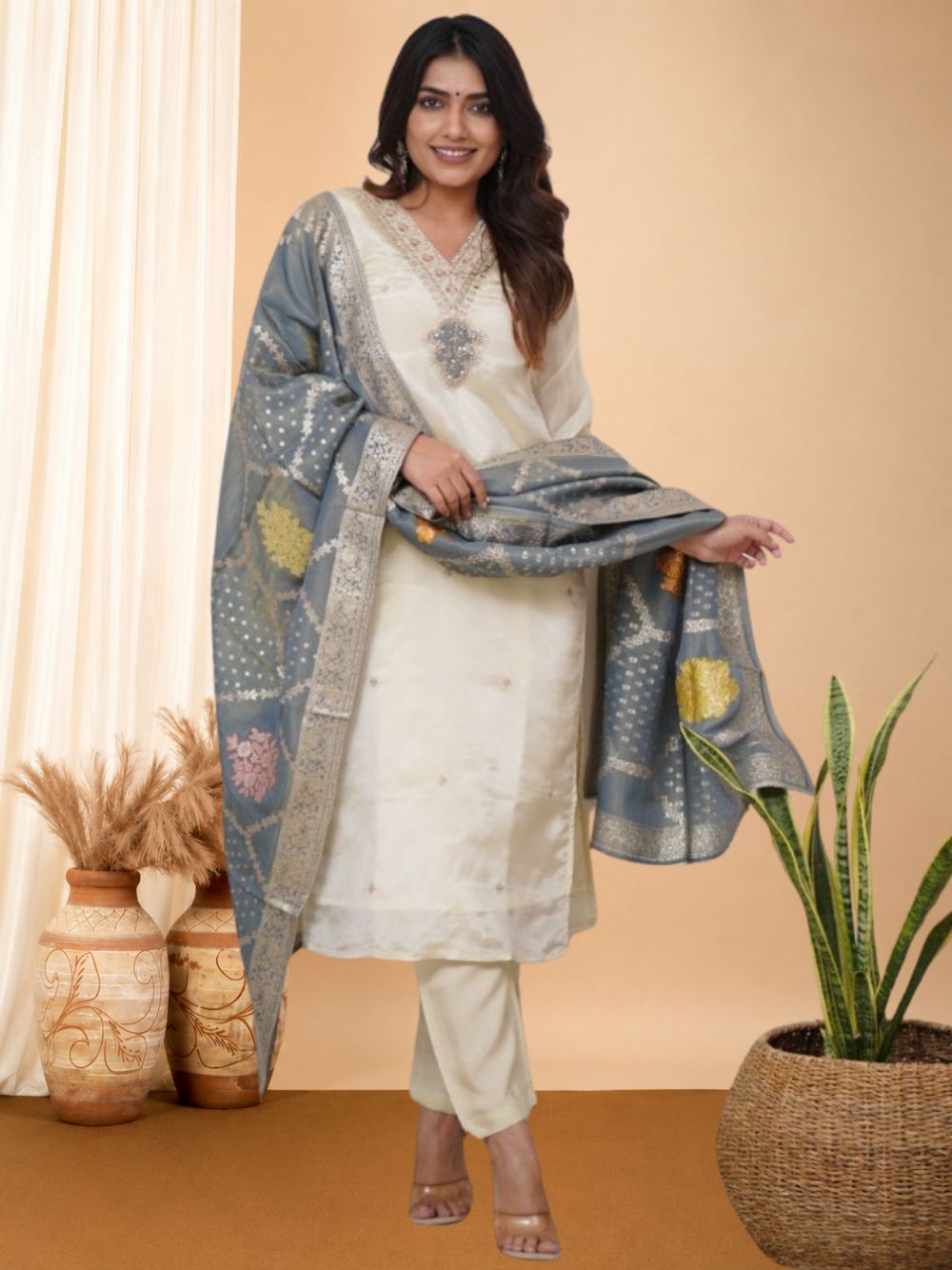 White Chanderi silk kurta and pant set with Grey Jacquard work dupatta.