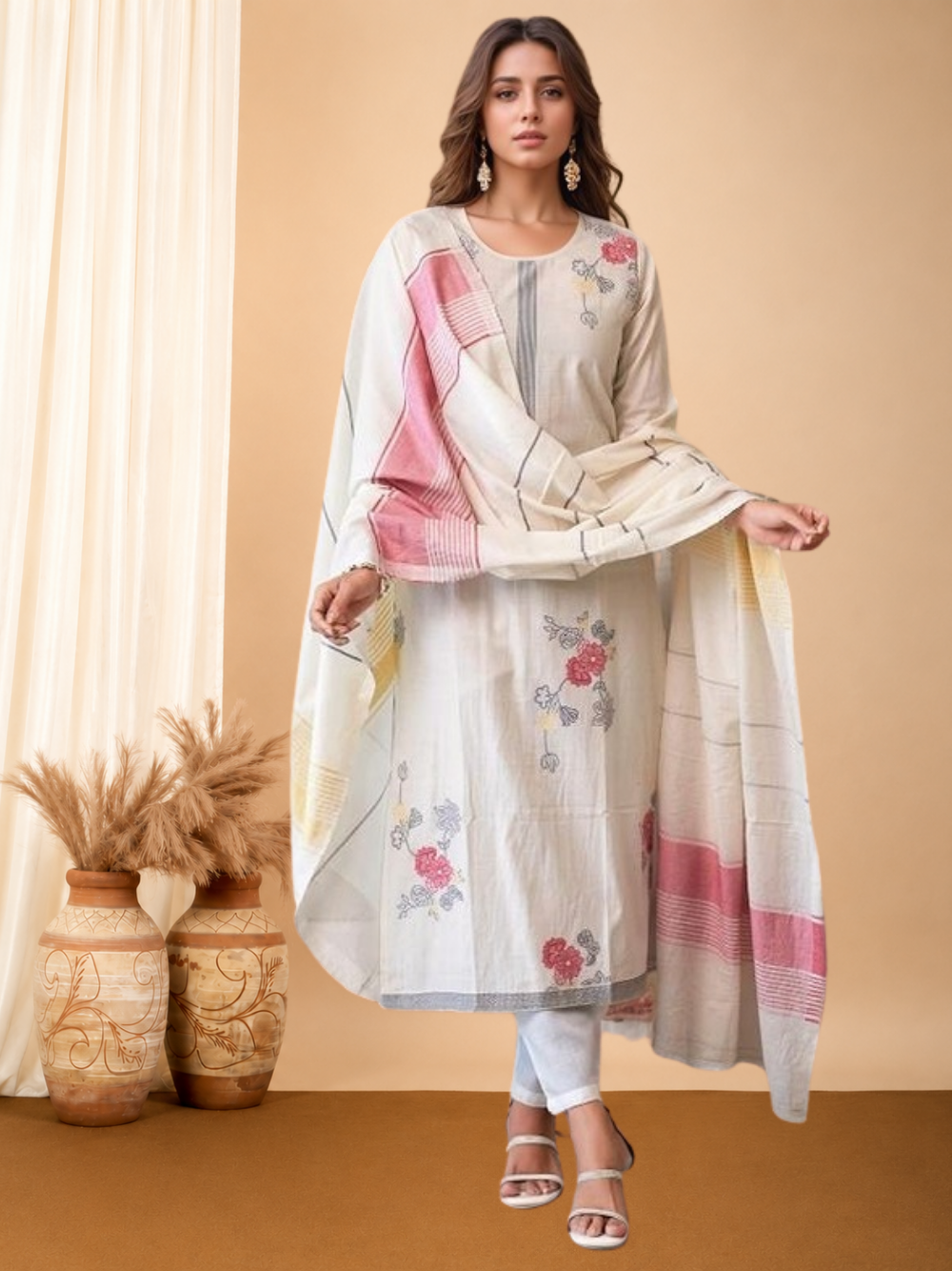 White soft cotton kurta and pant set with Jacquard work dupatta