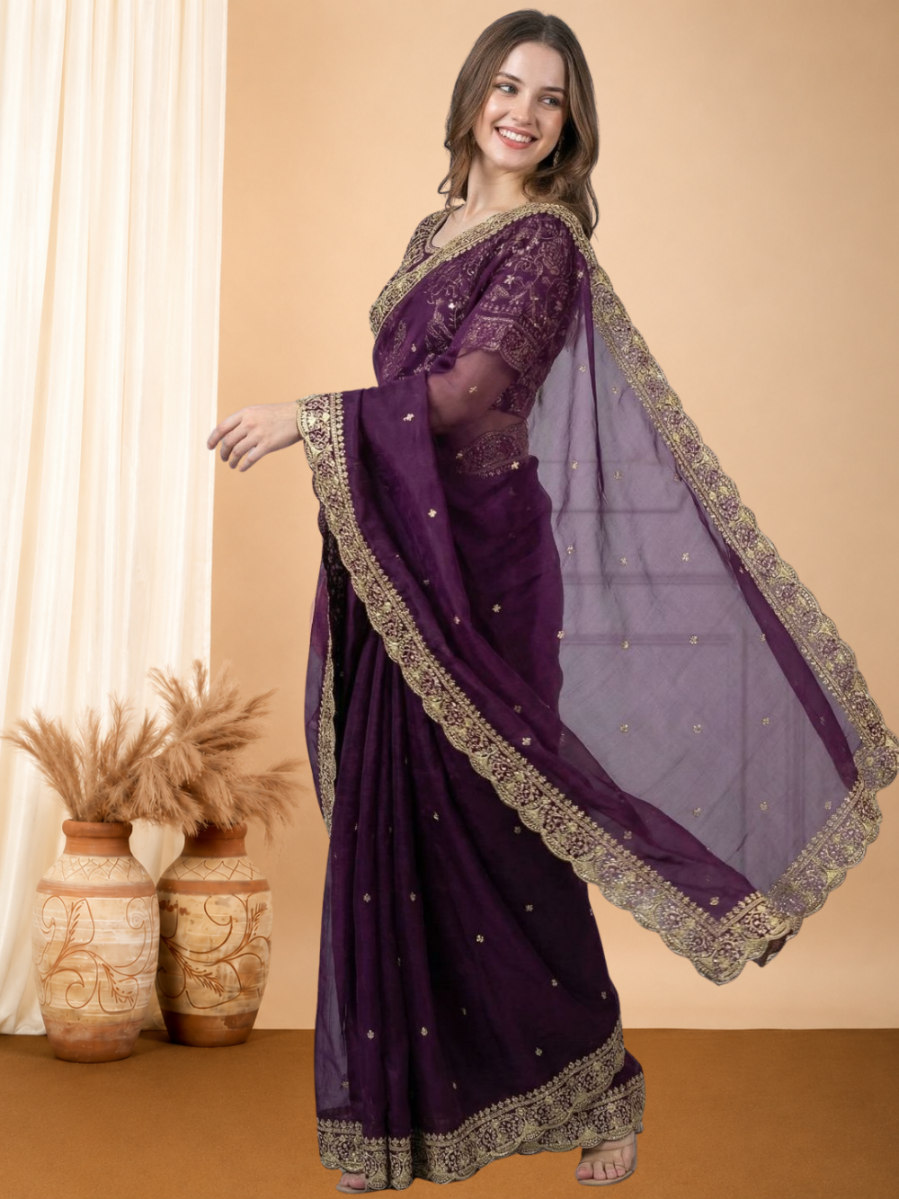 Wine colour organza silk saree with embroidery lace border with all over butta work