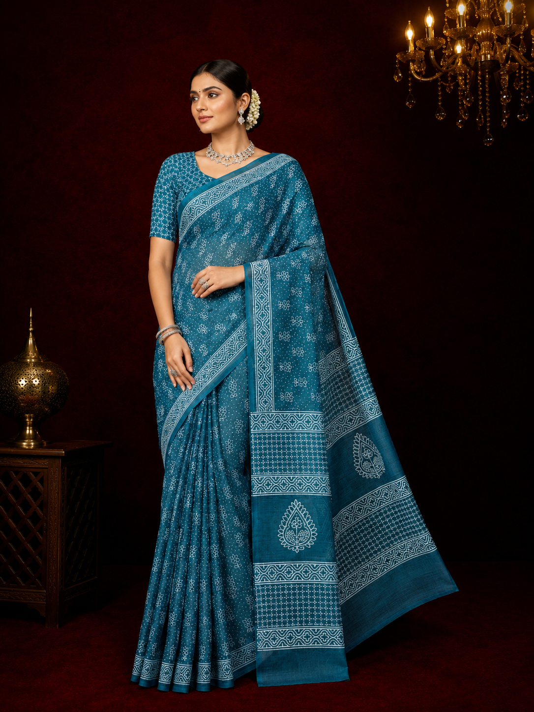Soft flowy linen cotton saree with digital printed work.