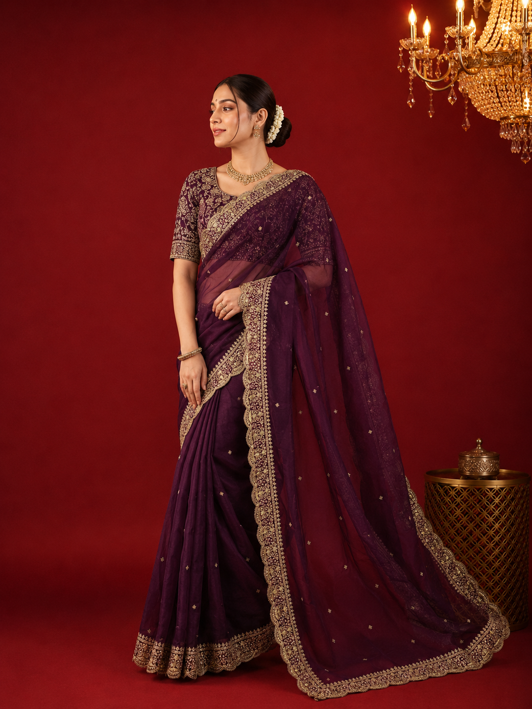 Wine colour organza silk saree with embroidery lace border with all over butta work