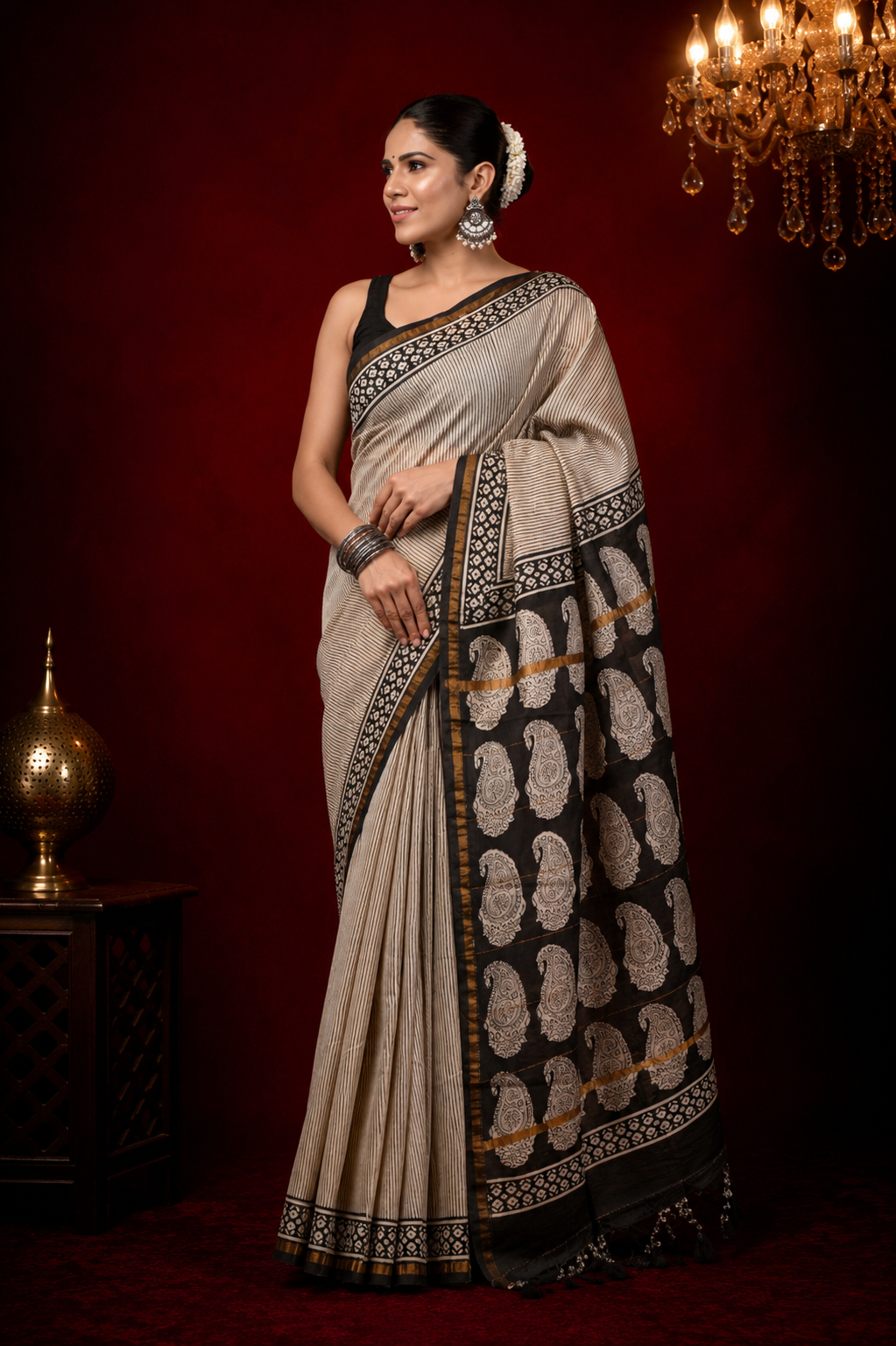 Pure chanderi silk saree with bagru handblock printed work.