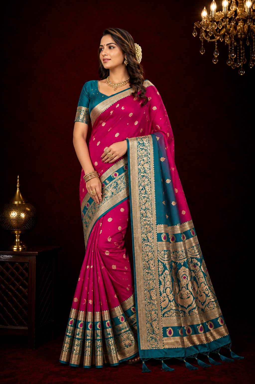 Pure soft banarasi silk saree with meenakari zari weaving work.