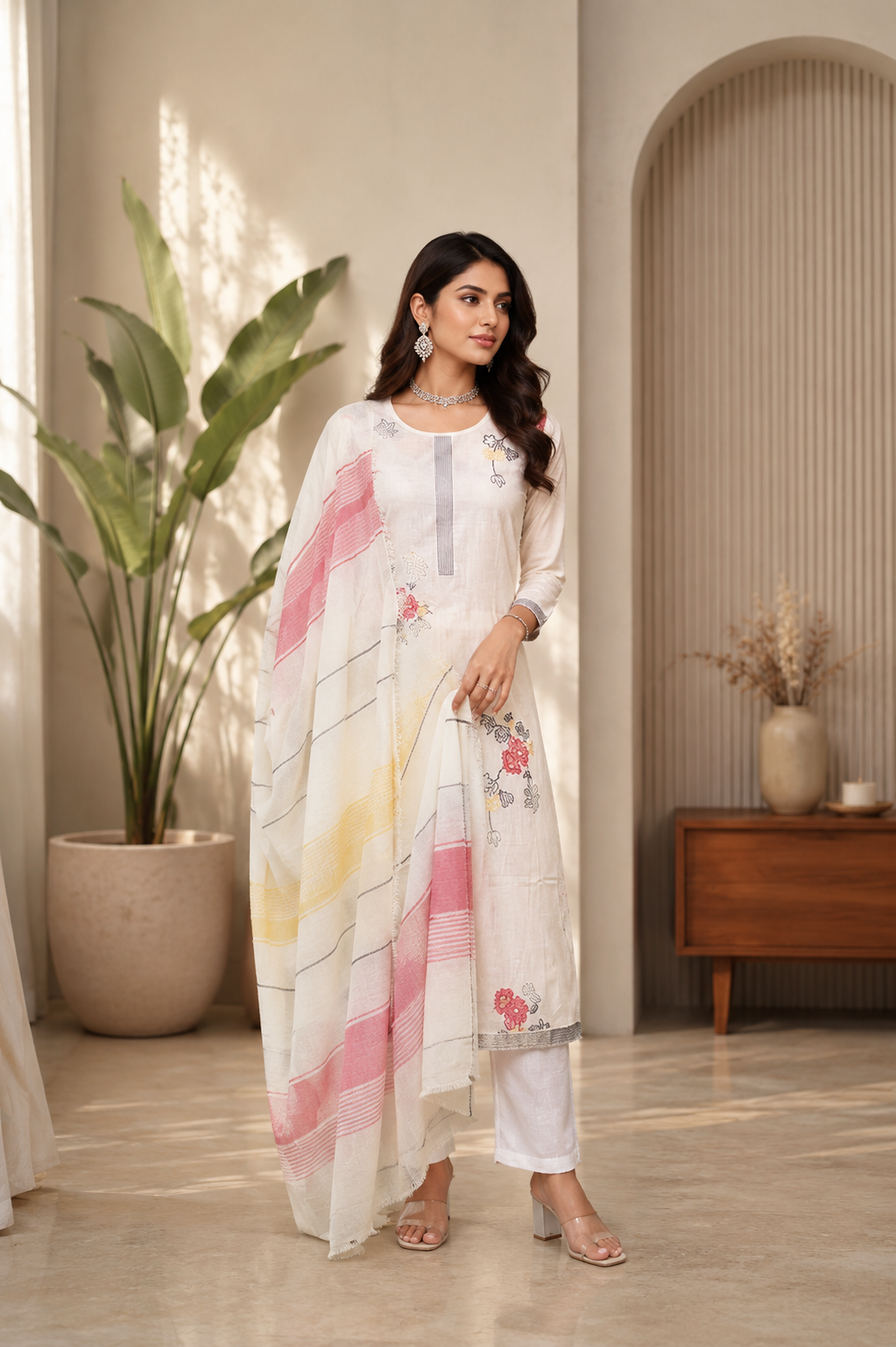 White soft cotton kurta and pant set with Jacquard work dupatta