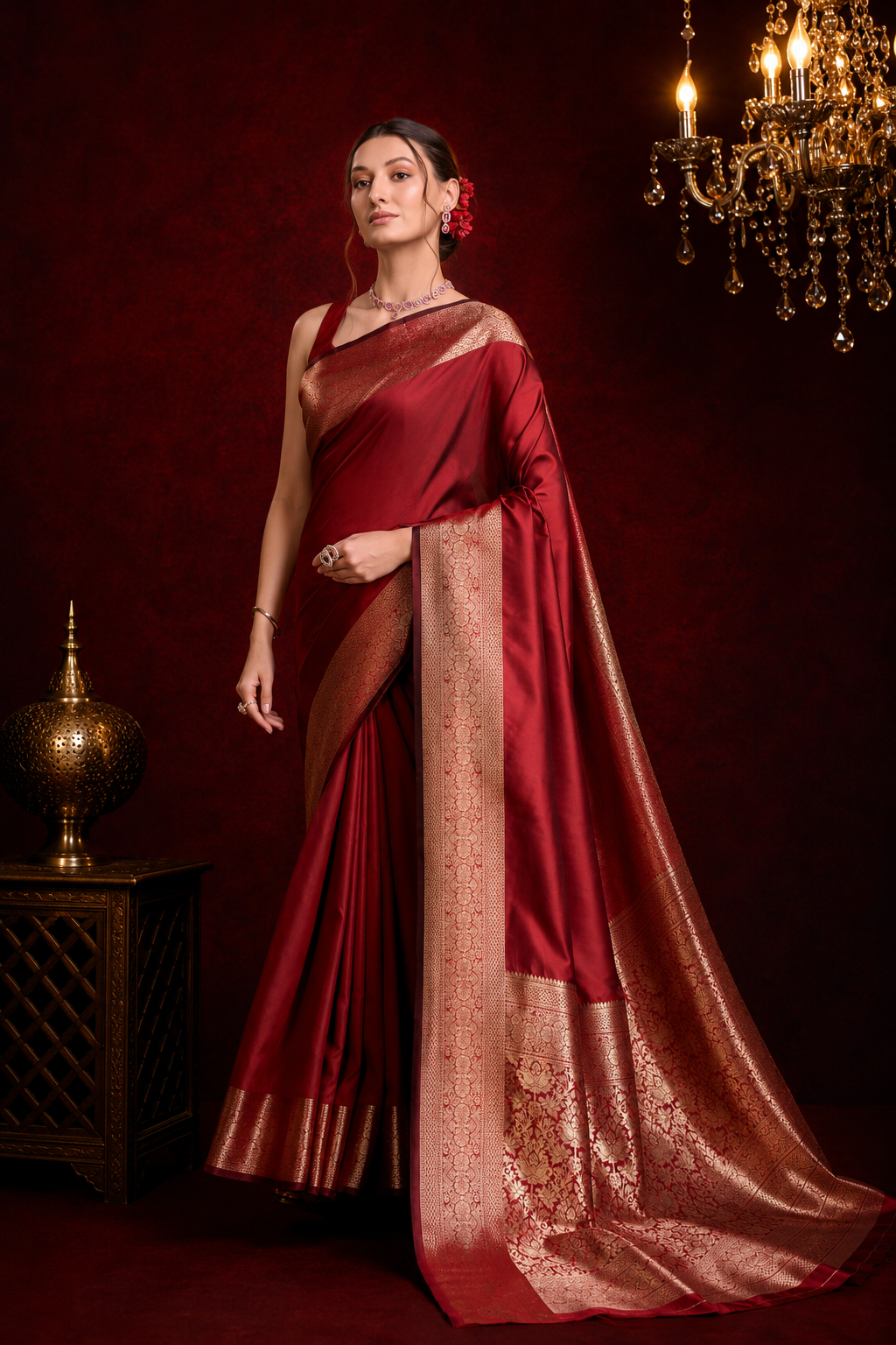 Soft kanchipuram silk saree with golden zari weaving work.