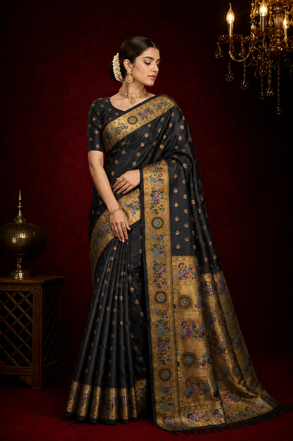 Traditional  Lichi silk paithani saree with zari weaving work.