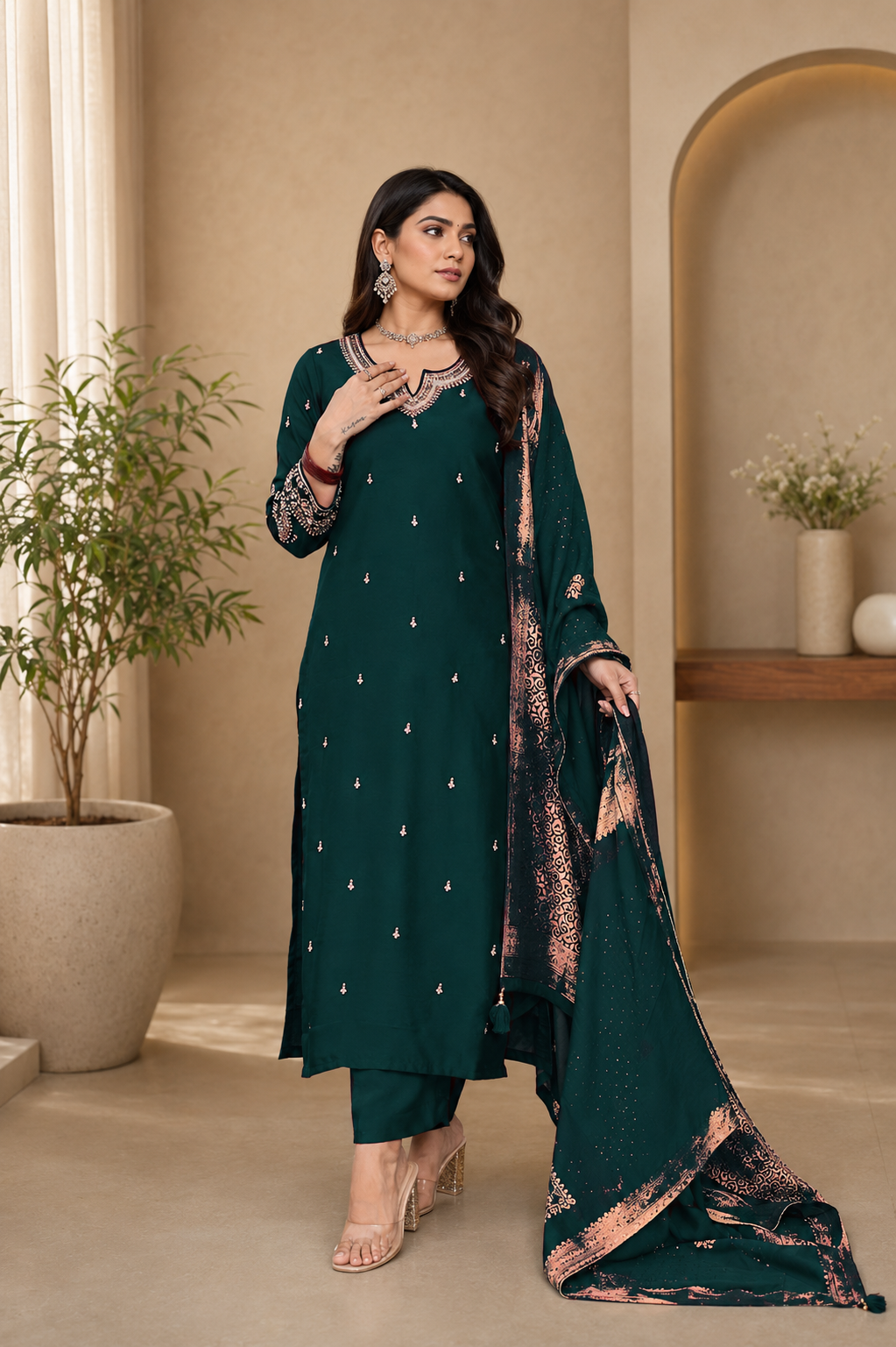 Dark green soft chanderi silk kurta and pant set with Jacquard silk zari work dupatta