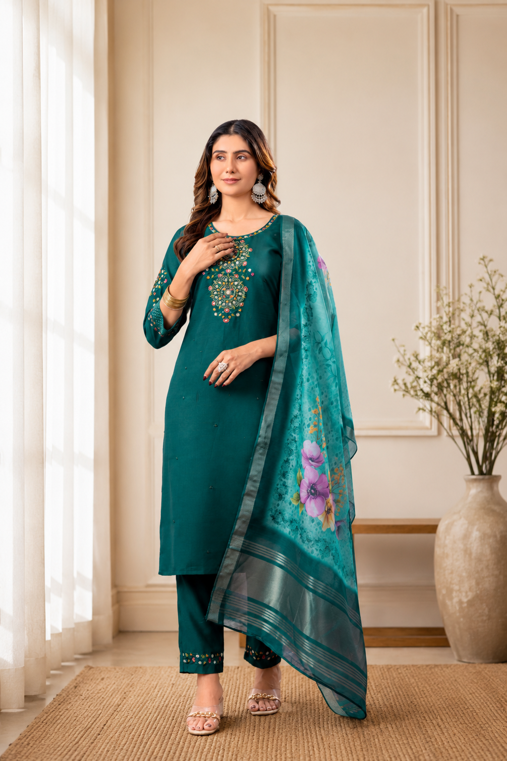Green soft viscose silk kurta and pant set with chanderi silk printed work dupatta.