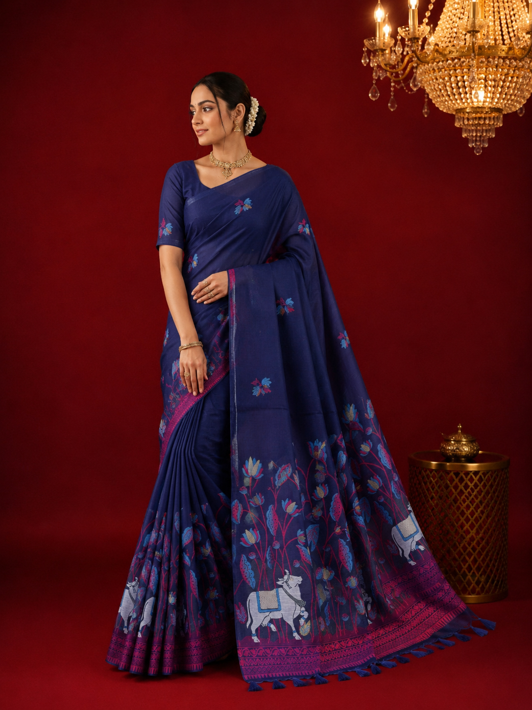 Navy blue premium muga cotton saree with pichwai & floral weaving work.